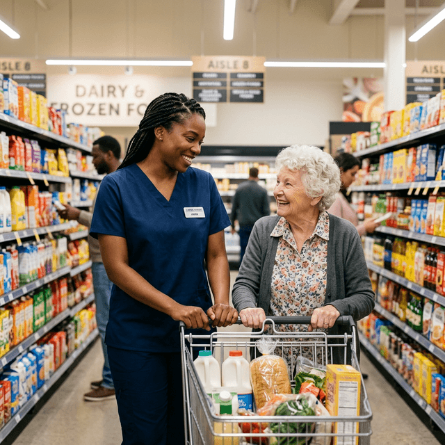 Caregiver and client at grocery store