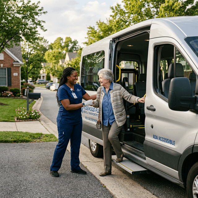 Caregiver helping client into accessible vehicle